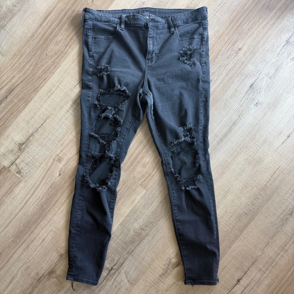American Eagle Next Level Stretch Distressed Skinny Jeans Black Women 16 Regular